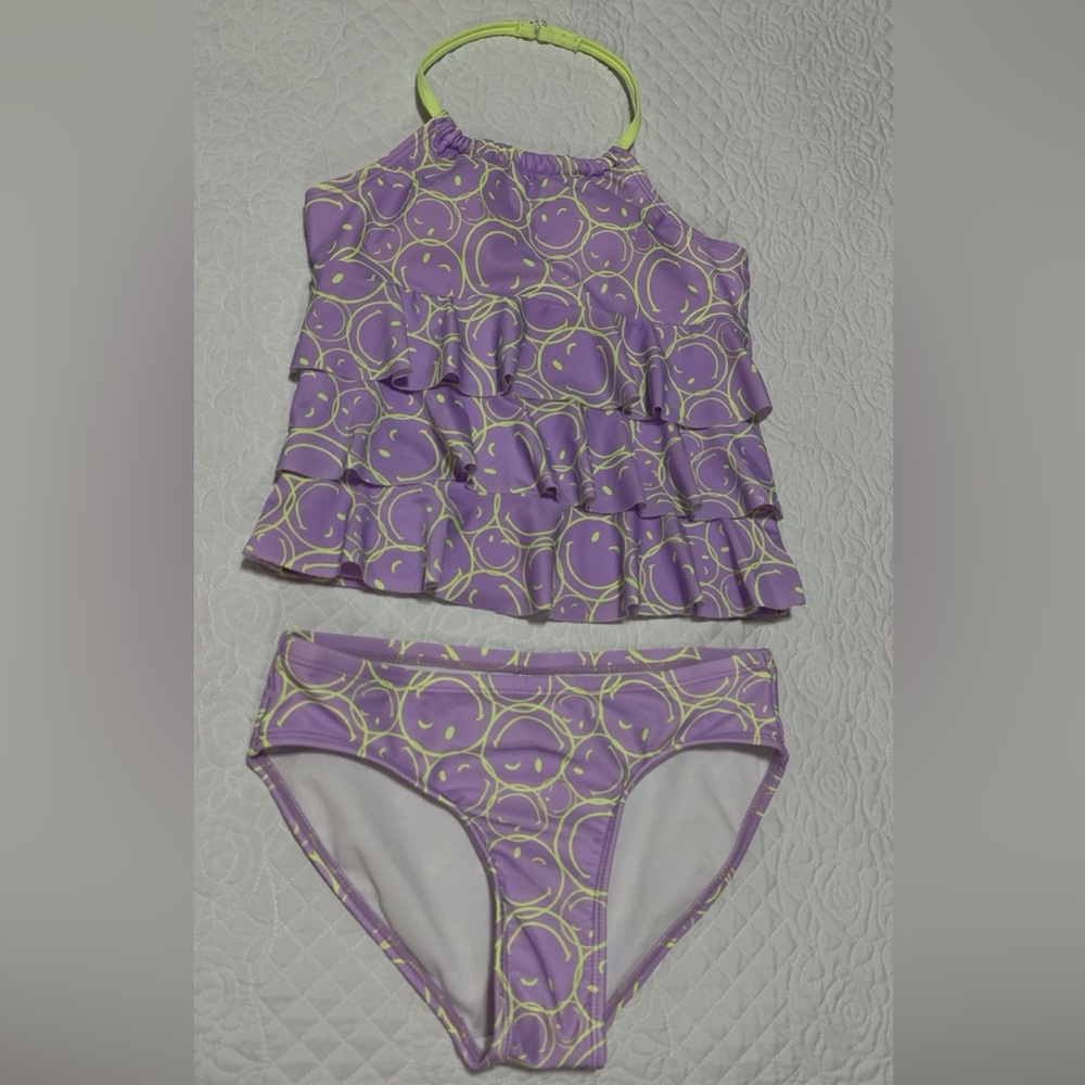 Justice girls Tankini 2-Piece swim suit Medium 10 purple smiley face 90s style